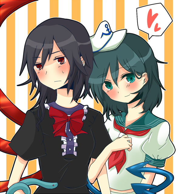 sadomochi, houjuu nue, murasa minamitsu, touhou, bad id, bad pixiv id, 2girls, arm hug, black hair, blush, bow, female focus, green eyes, green hair, hat, heart, multiple girls, red eyes, sailor, sailor hat, short hair, smile