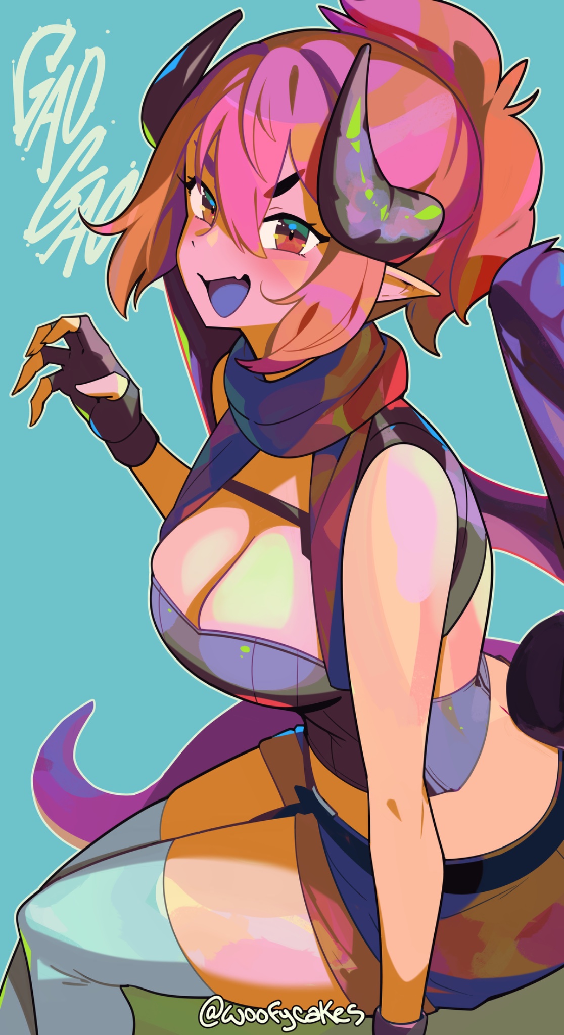 woofycakes, grape (vtuber), indie virtual youtuber, highres, 1girl, bare shoulders, blue background, breasts, cleavage, colored tongue, dragon girl, dragon horns, dragon tail, fang, fingerless gloves, gao, gloves, horns, large breasts, open mouth, pink hair, pointy ears, ponytail, purple tongue, red eyes, shorts, sitting, skin fang, smile, tail, thighhighs, thighs, virtual youtuber, wings