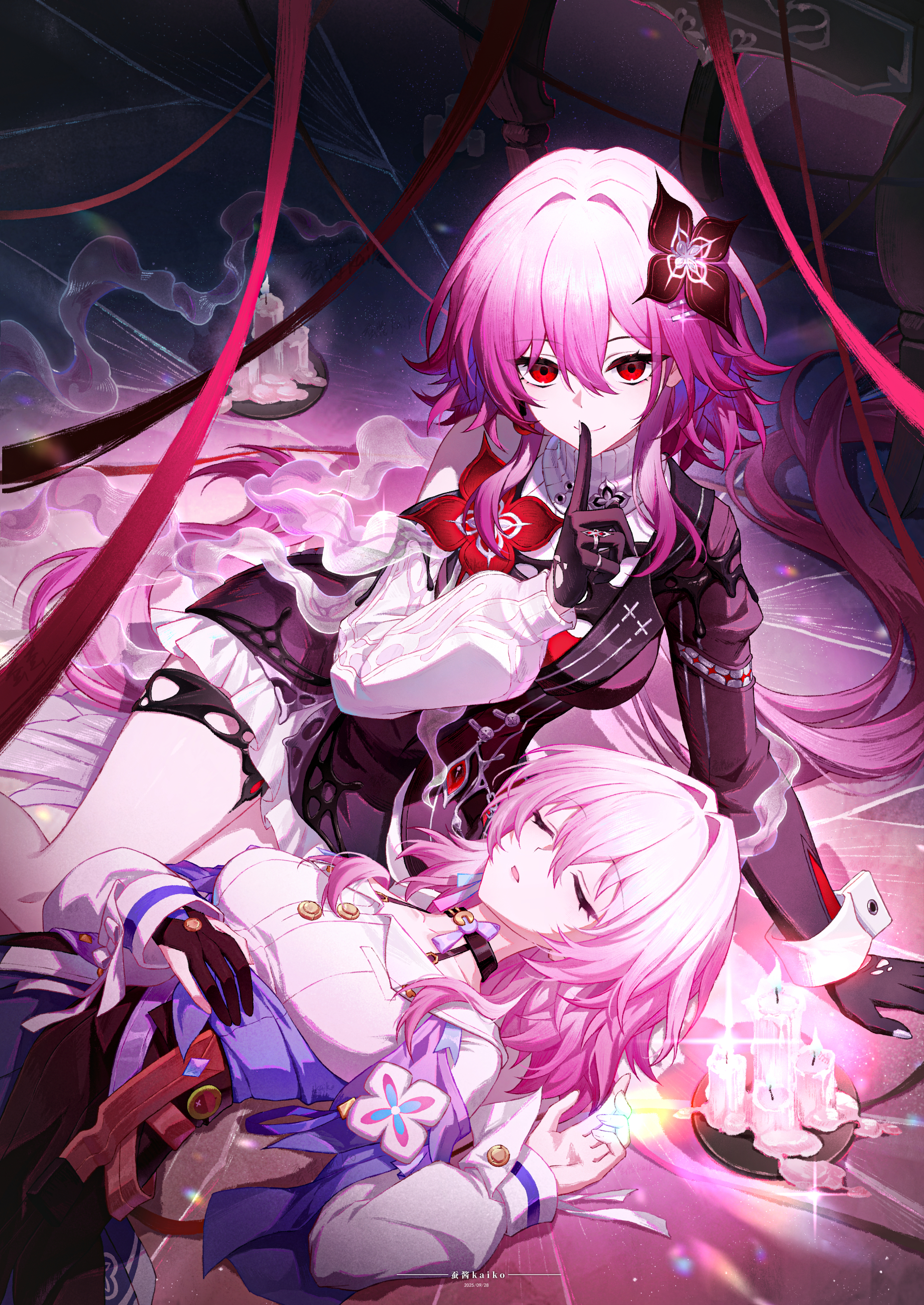 cancancancan, evernight (honkai: star rail), march 7th (honkai: star rail), honkai: star rail, honkai (series), absurdres, chinese commentary, commentary request, highres, 2girls, black gloves, book, breasts, candle, closed eyes, closed mouth, dress, finger to mouth, gloves, hair between eyes, hair ornament, index finger raised, jacket, lap pillow, long hair, long sleeves, looking at viewer, lying, multiple girls, on back, on floor, on side, pink hair, red eyes, shirt, shushing, skirt, sleeping, smile, white shirt