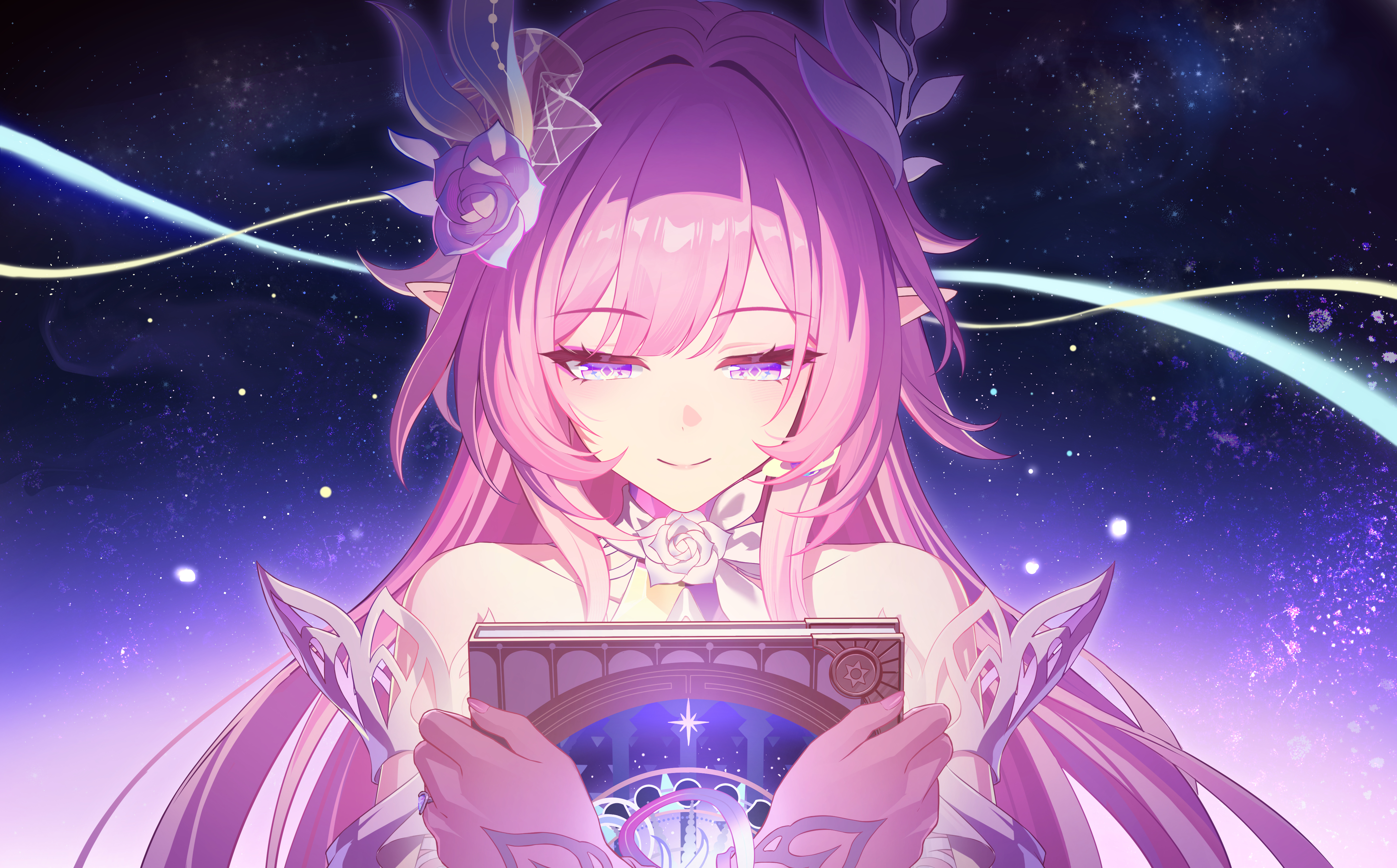 cancancancan, cyrene (demiurge) (honkai: star rail), cyrene (honkai: star rail), honkai: star rail, honkai (series), absurdres, chinese commentary, commentary request, highres, 1girl, as i've written (honkai: star rail), bare shoulders, book, closed mouth, dress, flower, gloves, hair flower, hair ornament, holding, holding book, long hair, looking at viewer, pink hair, pointy ears, purple eyes, smile, solo, star (sky), upper body