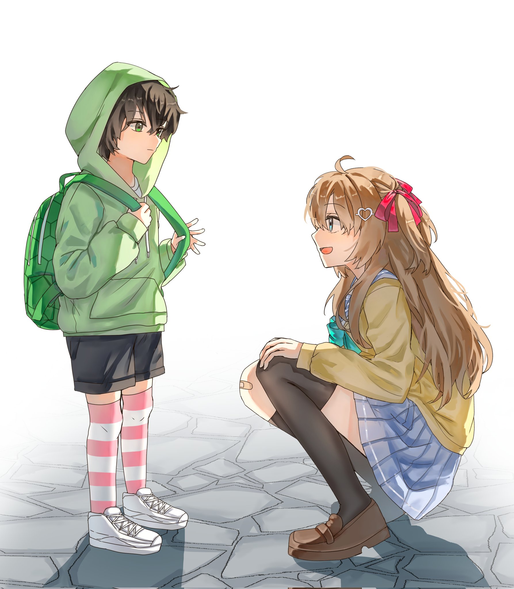 eananaia, neuro-sama, vedal987, vedal ai, hashtag-only commentary, highres, 1boy, 1girl, aged down, ahoge, aqua bow, aqua bowtie, asymmetrical legwear, backpack, bag, black hair, black shorts, black socks, black thighhighs, blue eyes, blue sailor collar, blue skirt, bow, bowtie, brown hair, brown shoes, cardigan, closed mouth, from side, full body, green bag, green eyes, green hoodie, hair ornament, hair ribbon, heart, heart hair ornament, hood, hoodie, loafers, long hair, long sleeves, open mouth, personification, pink thighhighs, pleated skirt, profile, red ribbon, ribbon, sailor collar, shoes, short hair, shorts, single sock, single thighhigh, skirt, socks, squatting, standing, striped clothes, striped thighhighs, thighhighs, two side up, uneven legwear, virtual youtuber, white shoes, white thighhighs, yellow cardigan