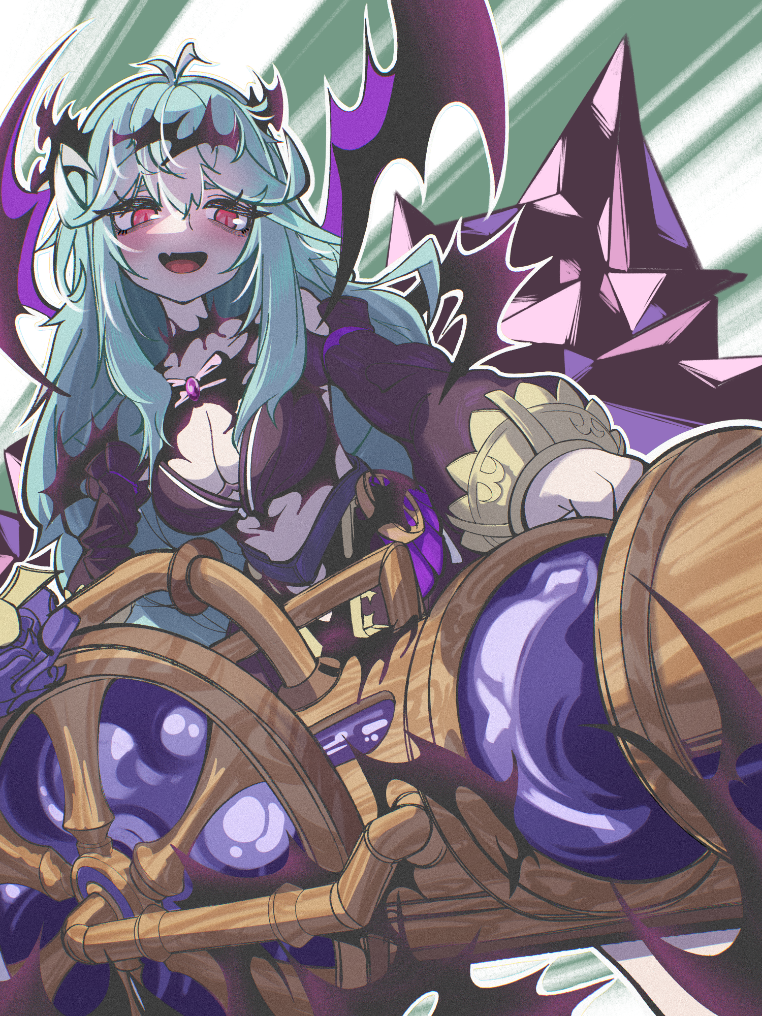 aludoru, chaos aurora (grimms notes), grimms notes, 1girl, aqua hair, breasts, cannon, cleavage, detached sleeves, holding cannon, itomaki no madou taihou (grimms notes), open mouth, red eyes, smile, solo, thorns