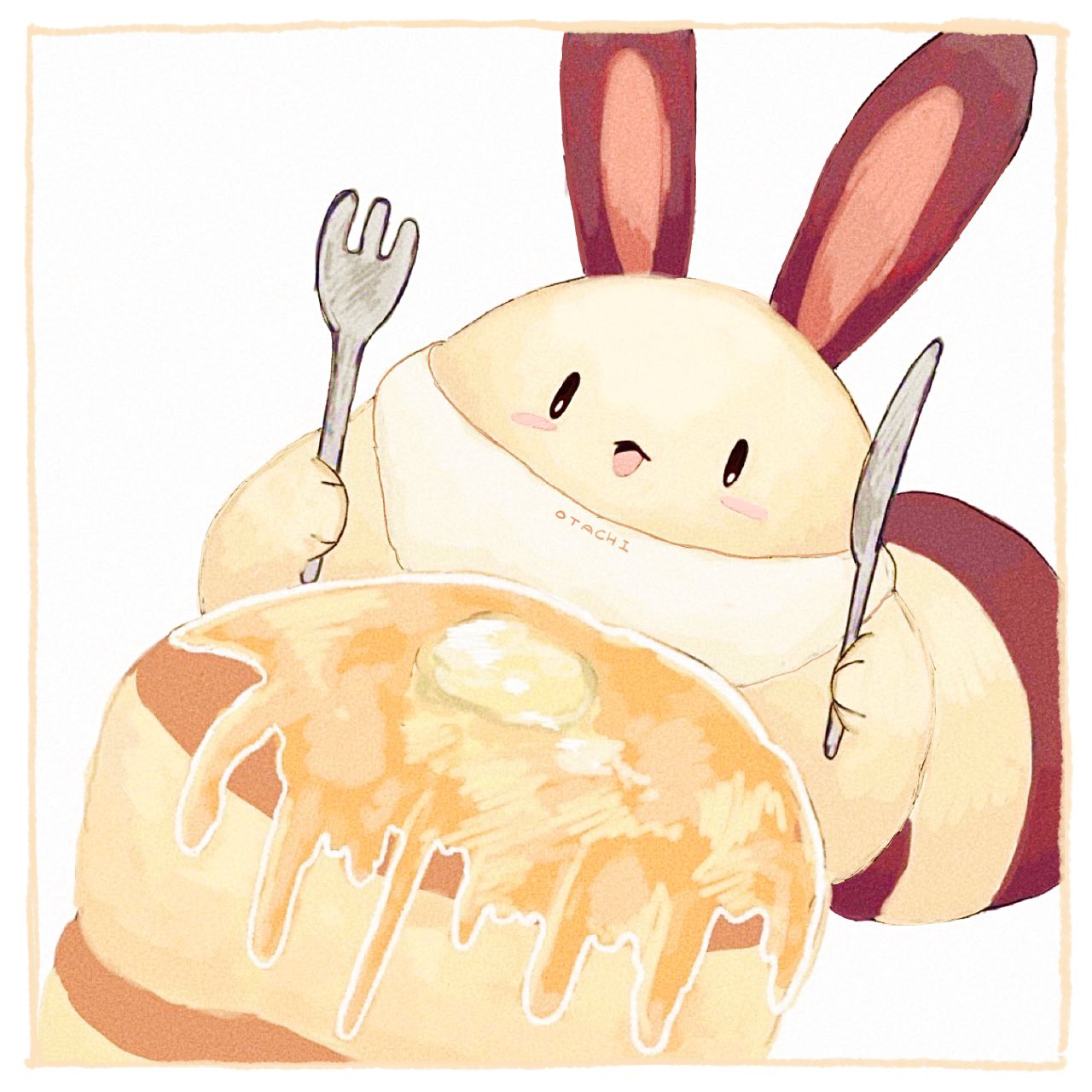 suu (225 zz5), furret, sentret, nintendo, pokemon, pokemon gsc, commentary request, highres, black eyes, food, food focus, fork, gen 2 pokemon, holding, holding fork, holding knife, knife, large ears, no humans, open mouth, pancake, pokemon (creature), syrup, white background