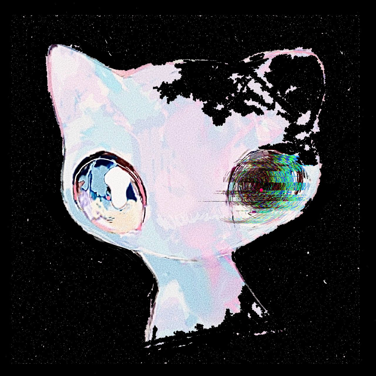 suu (225 zz5), mew (pokemon), nintendo, pokemon, commentary request, highres, blue eyes, colored skin, corruption, gen 1 pokemon, glitch, heterochromia, legendary pokemon, mythical pokemon, no humans, pink skin, pokemon (creature), pokemon focus, sky, space, star (sky), starry sky