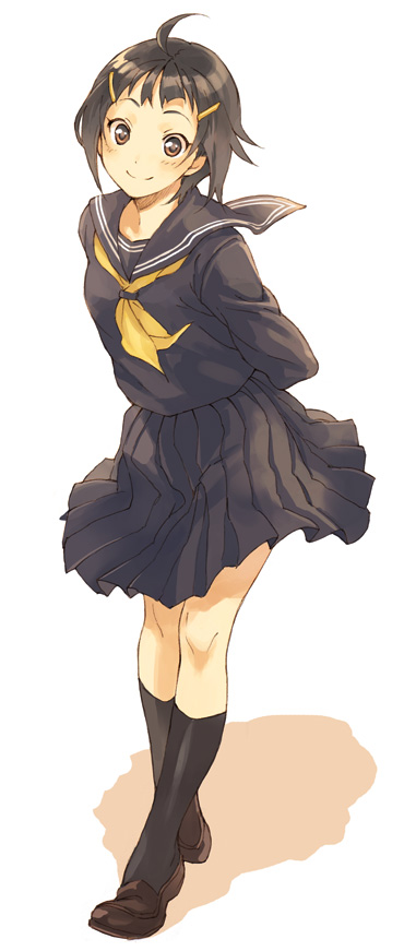sakamoto atsumu, original, ahoge, arms behind back, black hair, hair ornament, hairclip, kneehighs, legs, ribbon, school uniform, serafuku, short hair, smile, socks, solo