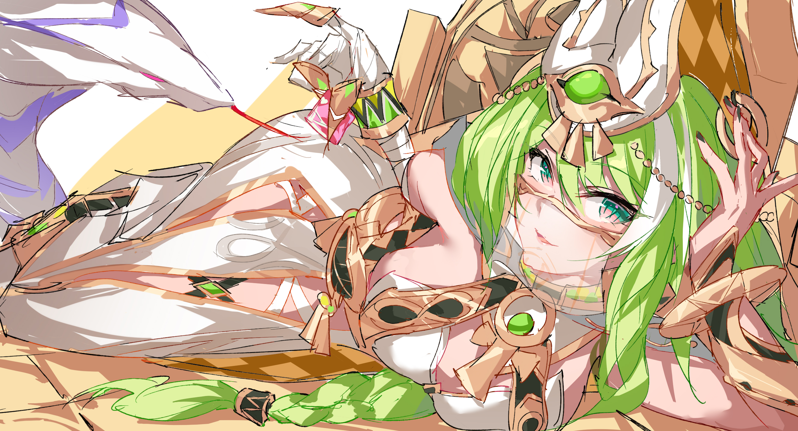 evzeva, mobius (honkai impact), honkai (series), honkai impact 3rd, chinese commentary, commentary request, highres, 1girl, ancient egyptian clothes, arm guards, bandaged arm, bandages, breasts, claw ring, dress, long hair, looking at viewer, lying, medium breasts, mobius (scorching gravel) (honkai impact), mouth veil, official alternate costume, on side, parted lips, slit pupils, snake, solo, veil, very long hair, white dress