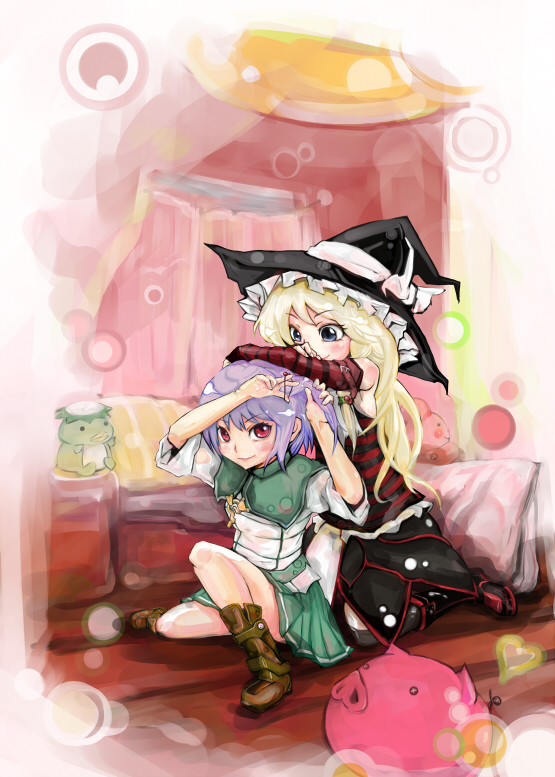 kaoru (pixiv), kawashiro nitori, kirisame marisa, touhou, bad id, bad pixiv id, 2girls, alternate costume, female focus, hairdressing, multiple girls, sleeves rolled up