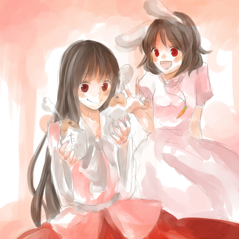 ayukawa, houraisan kaguya, inaba tewi, touhou, bad id, bad pixiv id, 2girls, animal ears, blush, carrot, female focus, fish, food, jewelry, multiple girls, necklace, rabbit ears, sitting, sketch, smile, standing, taiyaki, v, wagashi