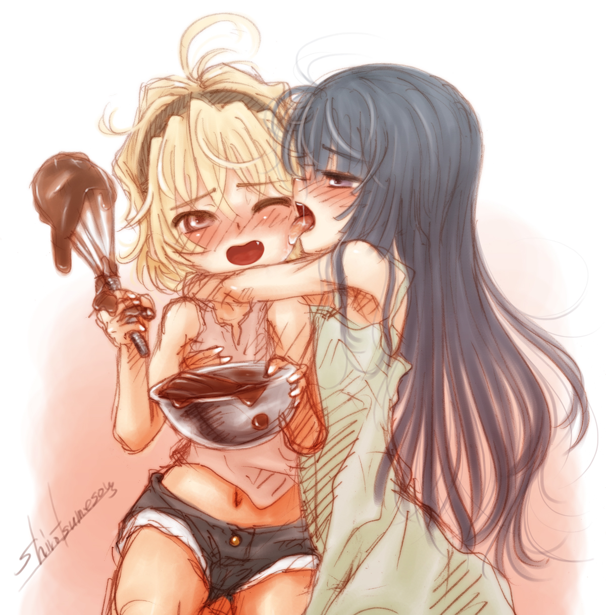 ryou (shirotsumesou), furude rika, houjou satoko, higurashi no naku koro ni, highres, 2girls, ahoge, blonde hair, blue hair, blush, bowl, chocolate, chocolate making, denim, denim shorts, dress, egg beater, fang, female focus, hairband, hime cut, licking, loli, long hair, midriff, multiple girls, navel, one eye closed, purple eyes, red eyes, saliva, short hair, shorts, sketch, sleeveless, tongue, whisk, wink, yuri