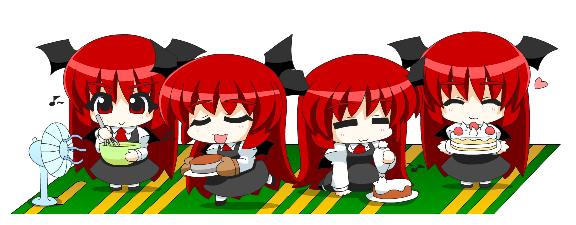 yamato damashi, koakuma, embodiment of scarlet devil, touhou, >:), 1girl, :3, = =, ^ ^, bat wings, blush, bowl, cake, chibi, closed eyes, cooking, dress, electric fan, female focus, food, fruit, gloves, happy, head wings, heart, icing, kneeling, long hair, mini person, minigirl, multiple views, musical note, necktie, open mouth, oven mitts, pastry, pun, red eyes, red hair, sequential, smile, standing, standing on one leg, strawberry, v-shaped eyebrows, very long hair, whisk, wings