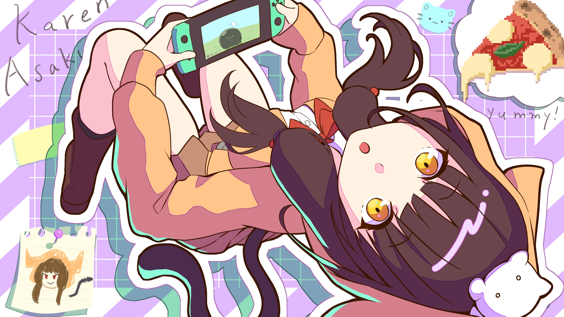 phant0m, asakura karen (heaven burns red), heaven burns red, commentary, highres, >:), 1girl, :o, animal, animal ear hood, animal ears, animal on head, black hair, blunt bangs, boots, bow, bowtie, brown boots, cat, cat ears, cat on head, cat tail, character name, dutch angle, fake animal ears, fake tail, food, from above, full body, hair bobbles, hair ornament, handheld game console, holding, holding handheld game console, hood, hood up, hoodie, long hair, looking at viewer, looking up, low twintails, narby (heaven burns red), nintendo switch, o o, on head, open clothes, open hoodie, open mouth, orange hoodie, outline, paper, pixel art inset, pizza, pizza slice, purple background, red bow, red bowtie, shirt, simple background, sitting, sleeves past wrists, solo, tail, twintails, v-shaped eyebrows, white cat, white outline, white shirt, wide-eyed, yellow eyes