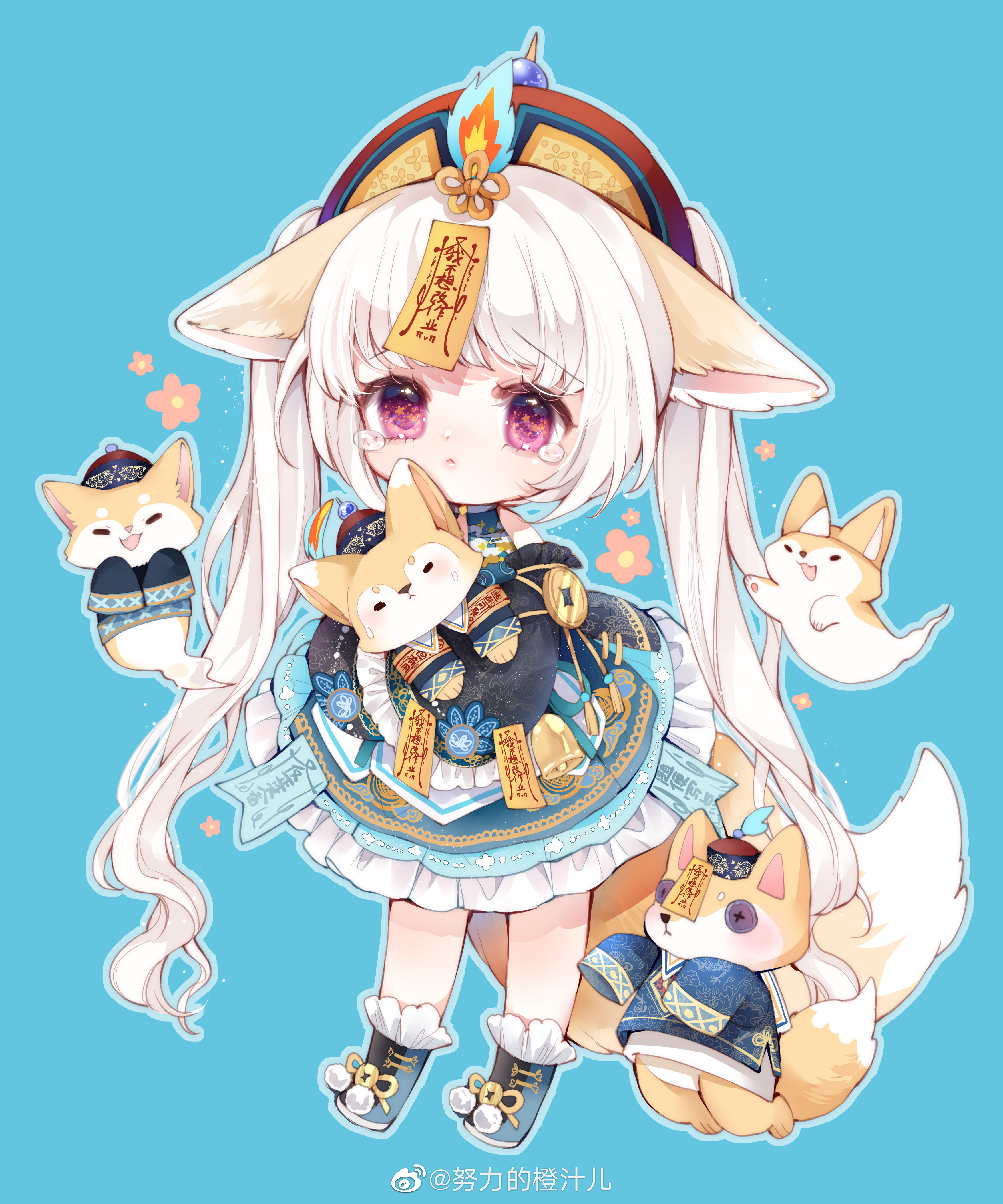 nuli de chengzhi er, miracle nikki, nikki (series), absurdres, chinese commentary, commentary request, highres, 1girl, animal ears, bare shoulders, black boots, black sleeves, blue background, blue dress, boots, chibi, chinese clothes, circle skirt, closed mouth, coin, detached sleeves, dot nose, dress, ears down, eyelashes, footwear ribbon, fox, fox ears, fox girl, fox tail, frilled boots, frilled dress, frilled sleeves, frills, frown, ghost tail, grey outline, hat, holed coin, jiangshi, large tail, light blush, light particles, lips, long hair, long sleeves, looking at viewer, medium dress, ofuda, ofuda on head, ominous fox trace (miracle nikki), outline, pink eyes, pom pom (clothes), qingdai guanmao, ribbon, sad, simple background, sleeveless, sleeveless dress, sleeves past fingers, sleeves past wrists, solo, standing, tail, tearing up, triangular headpiece, twintails, very long hair, watermark, wavy hair, weibo watermark, white hair, wide sleeves, yellow hat, yellow ribbon