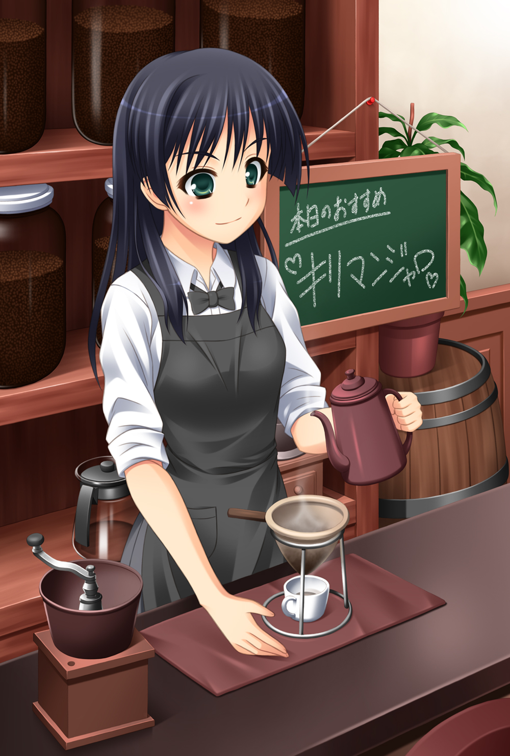 nicci, saten ruiko, toaru kagaku no railgun, toaru majutsu no index, highres, md5 mismatch, resolution mismatch, source smaller, translated, 1girl, apron, barista, barrel, beans, black hair, coffee, cup, female focus, flower, green eyes, hair flower, hair ornament, long hair, solo