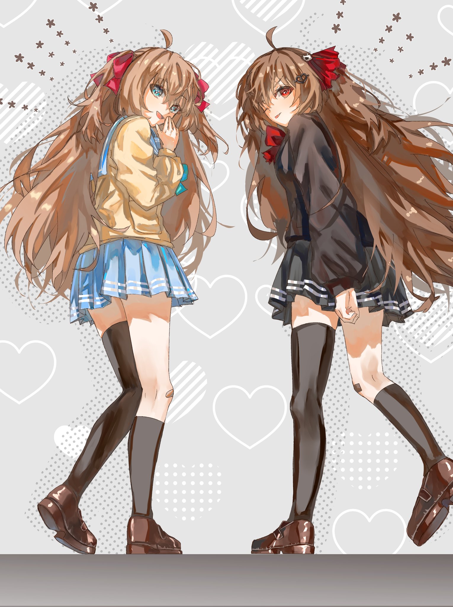 eananaia, evil neuro-sama, neuro-sama, vedal ai, commentary, highres, 2girls, ahoge, asymmetrical legwear, bandaid, bandaid on knee, bandaid on leg, black cardigan, black skirt, black socks, black thighhighs, blue eyes, blue sailor collar, blue skirt, brown hair, brown shoes, cardigan, closed mouth, from behind, full body, hair between eyes, hair ribbon, loafers, long hair, long sleeves, looking at viewer, looking back, miniskirt, multiple girls, one eye closed, open mouth, pleated skirt, red eyes, red ribbon, ribbon, sailor collar, shoes, single sock, single thighhigh, skirt, socks, standing, thighhighs, tongue, tongue out, two side up, uneven legwear, virtual youtuber, yellow cardigan