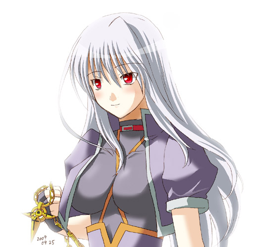 kotaken, reinforce, lyrical nanoha, mahou shoujo lyrical nanoha, mahou shoujo lyrical nanoha a's, silver hair, artist request, long hair, red eyes, single hair intake, smile, solo