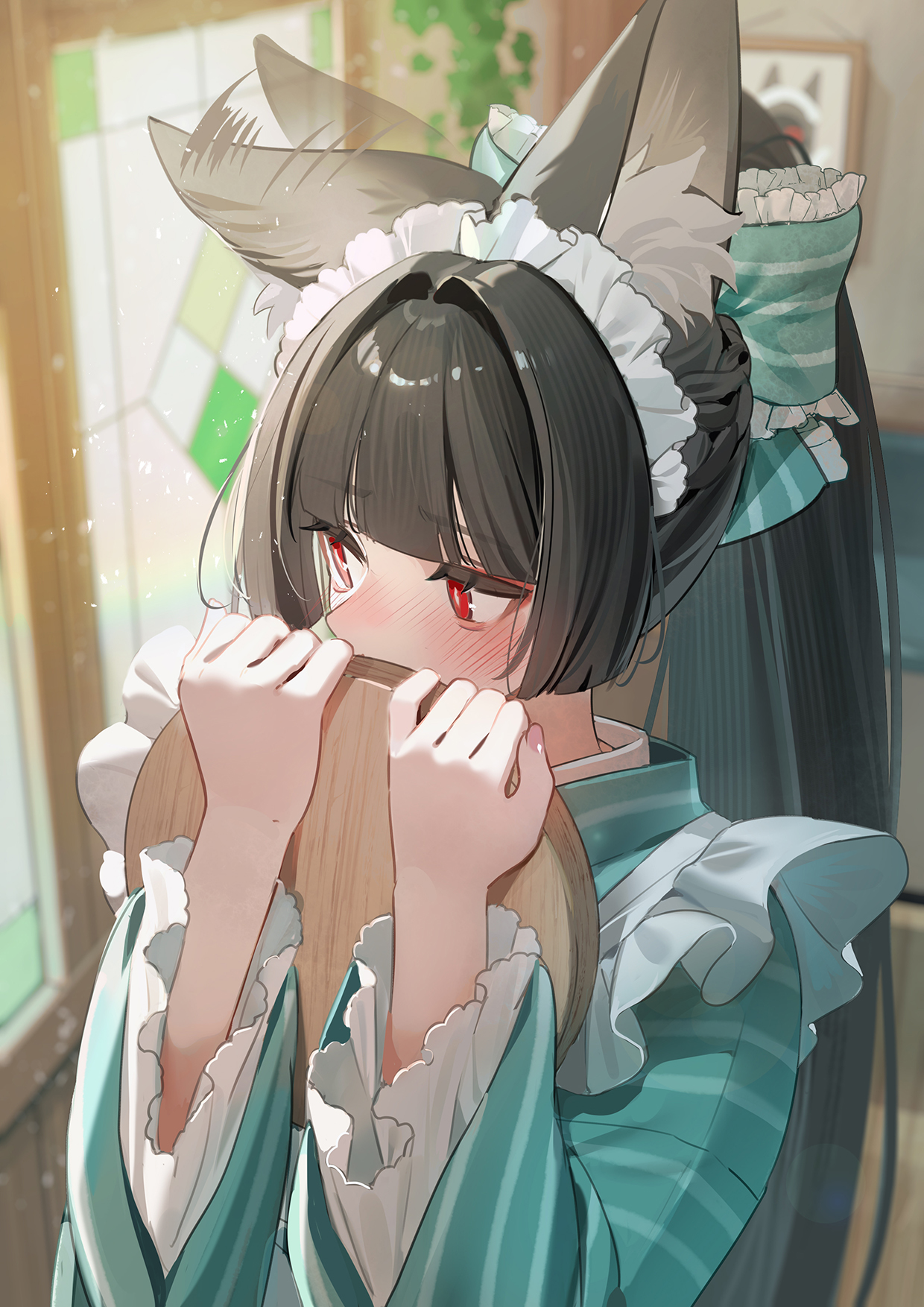 ruiuncle, hoshimi miyabi, zenless zone zero, commentary request, highres, 1girl, alternate costume, animal ear fluff, animal ears, black hair, blush, fox ears, fox girl, high ponytail, holding, indoors, japanese clothes, kimono, long sleeves, looking to the side, maid, maid headdress, ponytail, red eyes, solo, wa maid, wide sleeves