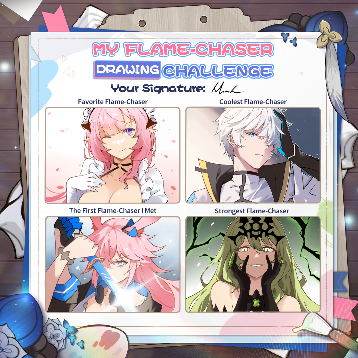mush (mushlicious), elysia (honkai impact), elysia (miss pink) (honkai impact), elysia (miss pink elf) (honkai impact), kevin kaslana, mobius (honkai impact), yae sakura, yae sakura (goushinnso memento), honkai (series), honkai impact 3rd, commentary, english commentary, highres, 1boy, 3girls, animal ears, black gloves, black horns, black tiara, blue eyes, breasts, cleavage, coat, fake horns, fox ears, fox girl, gloves, green hair, holding, holding sword, holding weapon, horns, katana, large breasts, long hair, maid, maid headdress, multiple drawing challenge, multiple girls, naughty face, official alternate costume, pink hair, short hair, slit pupils, sword, tiara, very long hair, weapon, white coat, white gloves, white hair