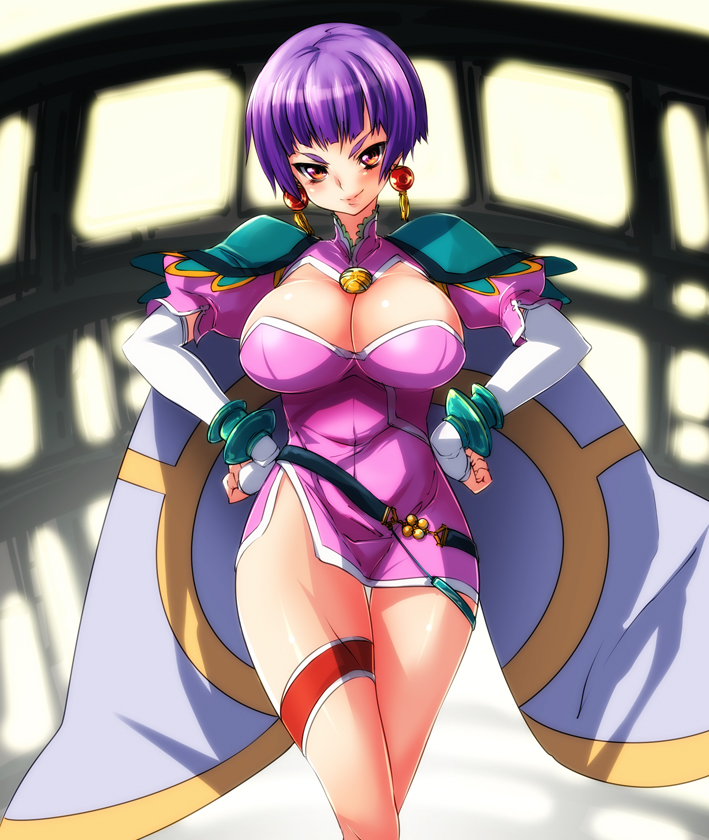 nekomamire, li meifon, angel links, 1990s (style), 1girl, belt, bob cut, breasts, cleavage, cleavage cutout, clothing cutout, dress, earrings, elbow gloves, female focus, fingerless gloves, gloves, hands on own hips, jewelry, large breasts, legs, looking at viewer, naughty face, purple hair, red eyes, retro artstyle, short hair, shoulder pads, side slit, smile, solo, thigh gap, thigh strap, thighs