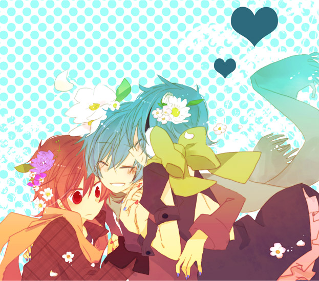 yoshiki, akaito, kaiko (vocaloid), kaito (vocaloid), vocaloid, 1girl, 2boys, blue eyes, blue hair, blush, bow, flower, genderswap, genderswap (mtf), hair flower, hair ornament, heart, multiple boys, red eyes, red hair, scarf, short hair, smile