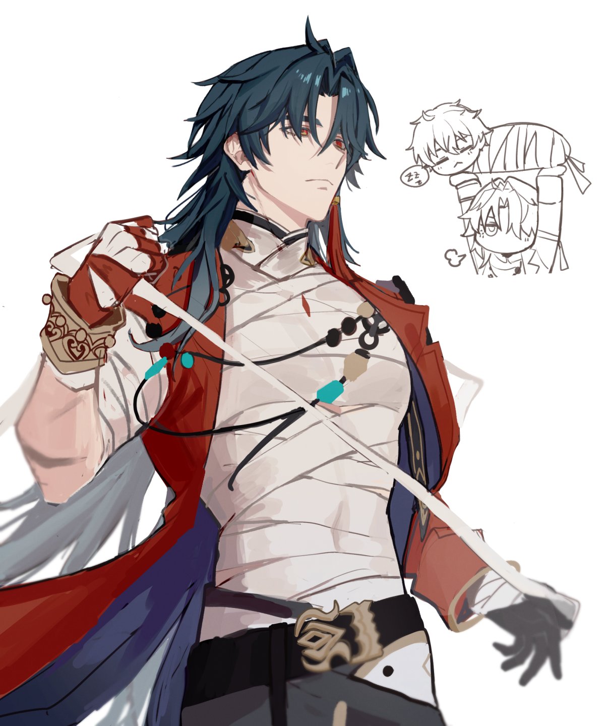 kkong x, blade (honkai: star rail), dan heng (honkai: star rail), honkai: star rail, honkai (series), commentary request, highres, korean commentary, 1boy, ahoge, bandaged chest, bandaged torso, beads, blade (elation) (honkai: star rail), blue hair, bracelet, chibi, double-parted bangs, earrings, gloves, jacket, jewelry, long hair, male focus, necklace, open clothes, open jacket, pants, red eyes, red jacket, single earring, single glove, tassel, toned, toned male, very long hair