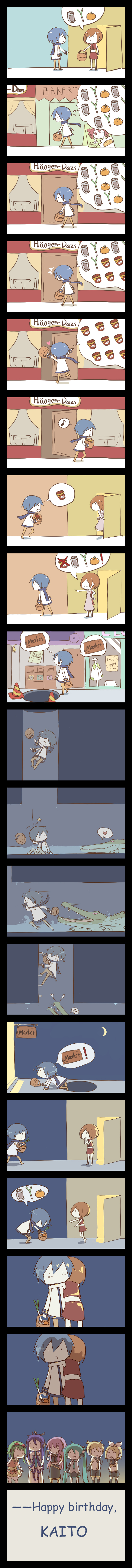 greenheart, gumi, hatsune miku, kagamine len, kagamine rin, kaito (vocaloid), kamui gakupo, kasane teto, megurine luka, meiko (vocaloid), utau, vocaloid, absurdres, highres, long image, tall image, 3boys, 5girls, chibi, comic, crossover, food, happy birthday, ice cream, imagining, multiple boys, multiple girls, product placement, silent comic