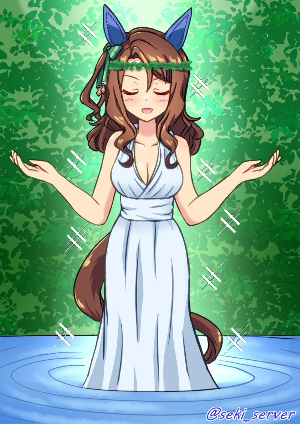 seki (hyokosho), king halo (umamusume), honest axe, umamusume, commentary request, md5 mismatch, textless version, 1girl, animal ears, bare shoulders, blush, breasts, brown eyes, brown hair, cleavage, closed eyes, collarbone, dress, ear covers, facing viewer, gold, horse ears, horse girl, olive wreath, parody, silver (metal), sleeveless, sleeveless dress, smile, solo, speech bubble, talking, trophy, twitter username, water, wavy hair, white dress