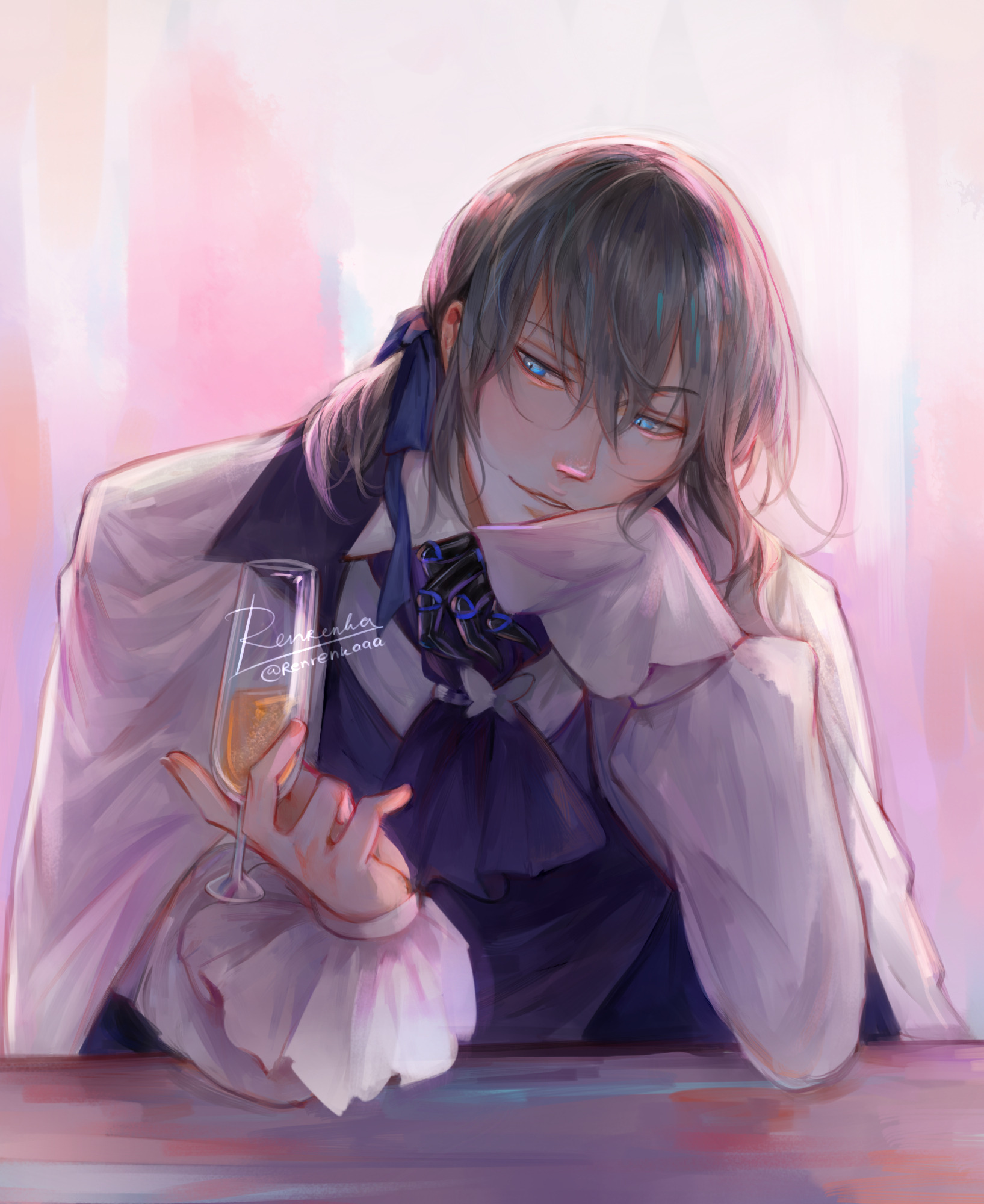 renrenka noi, oberon (fate), oberon (third ascension) (fate), fate/grand order, fate (series), commentary, english commentary, highres, ascot, black ascot, blue eyes, blue ribbon, champagne flute, cup, drinking glass, grey hair, hair between eyes, holding, holding cup, long sleeves, parted lips, ribbon, shirt, short hair, solo, upper body, white shirt