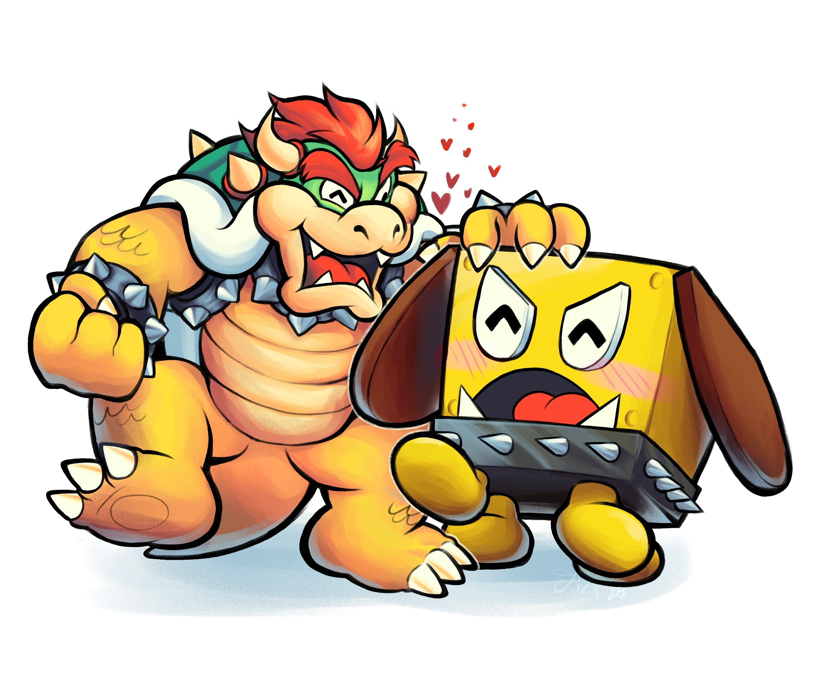 bowser, broggy (mario), mario & luigi: bowser's inside story, mario & luigi rpg, mario (series), nintendo, highres, armlet, axelorca, blush, bracelet, claws, closed eyes, collar, headpat, heart, horns, jewelry, open mouth, red hair, spiked armlet, spiked bracelet, spiked collar, spikes, white background