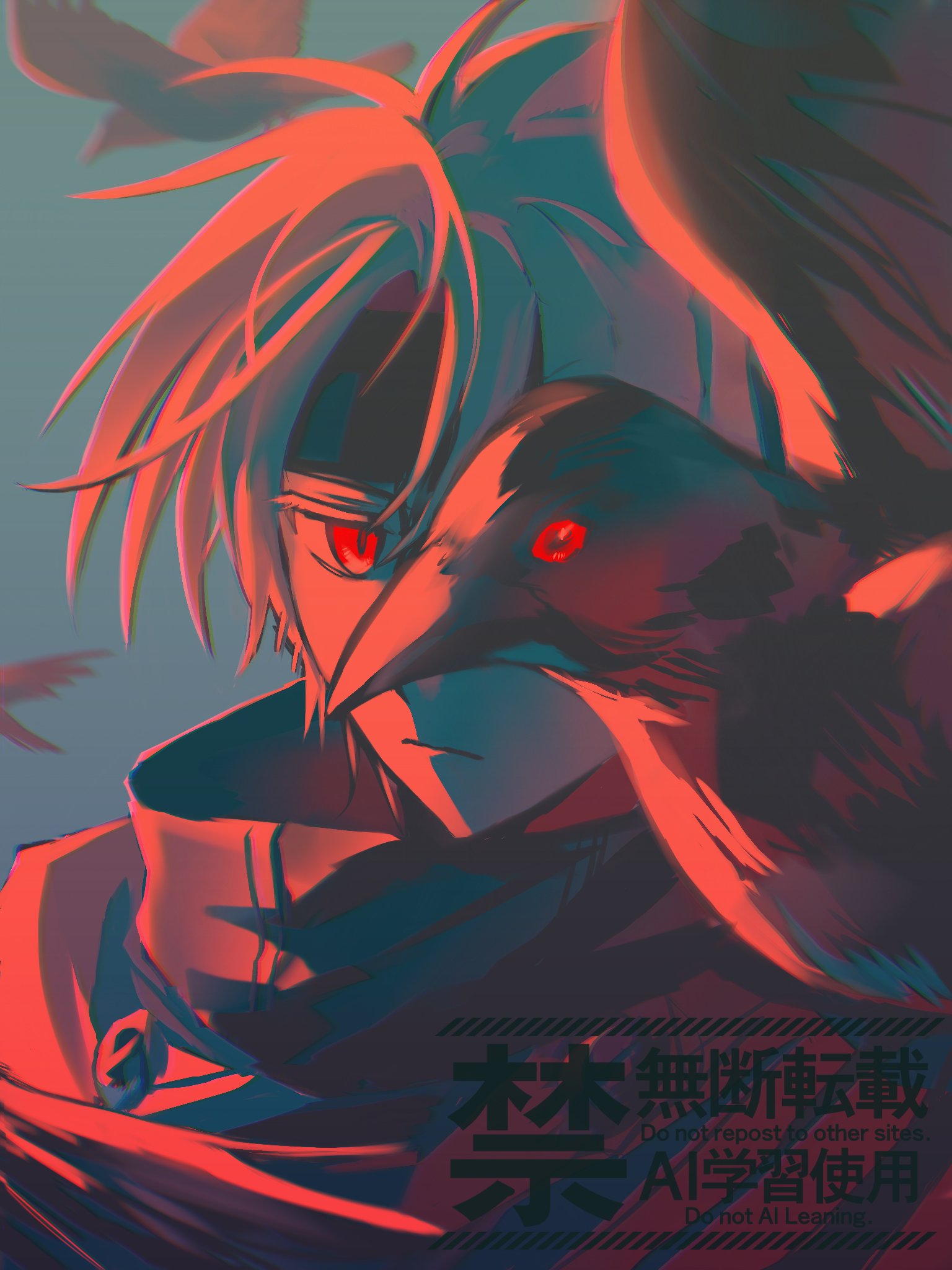 crow armbrust, eiyuu densetsu, sen no kiseki, sen no kiseki (series), sen no kiseki ii, commentary request, highres, 1boy, ahoge, bird, biuedestinati0n, black headband, closed mouth, crow, english text, hair between eyes, headband, korean text, looking at viewer, male focus, parted bangs, red eyes, short hair, solo, white hair
