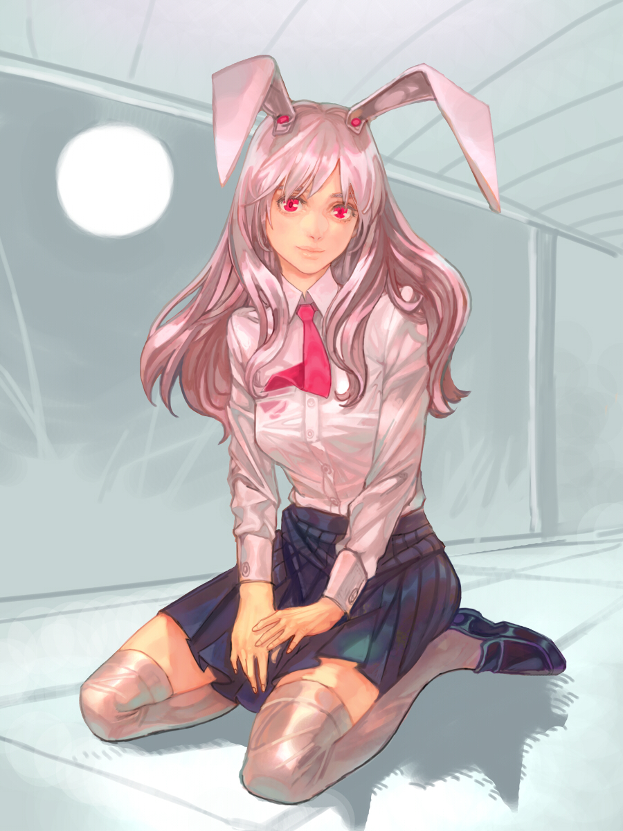 touge (kubiwa tsuki), reisen udongein inaba, touhou, bad id, bad pixiv id, highres, 1girl, animal ears, female focus, kneeling, long hair, necktie, purple hair, rabbit ears, red eyes, red necktie, skirt, solo, thighhighs, zettai ryouiki