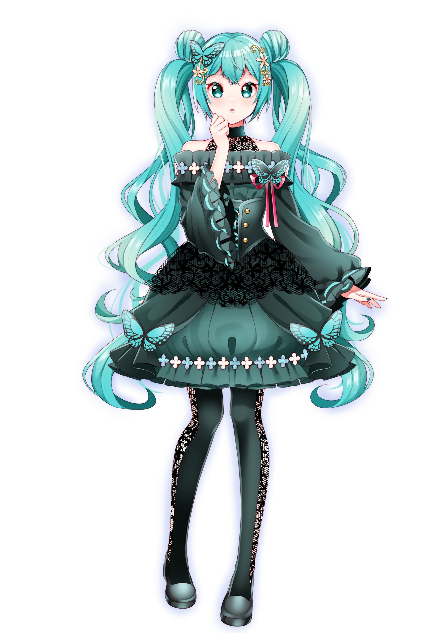 masumofu, hatsune miku, vocaloid, commentary request, highres, 1girl, aqua eyes, aqua hair, aqua nails, black dress, black pantyhose, blush, butterfly hair ornament, butterfly ornament, collarbone, double bun, dress, fingernails, full body, hair bun, hair ornament, long hair, long sleeves, looking at viewer, nail polish, pantyhose, parted lips, simple background, solo, twintails, white background, wide sleeves