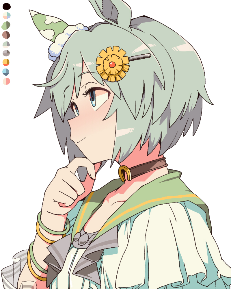 toriga naku, seiun sky (reeling in the big one) (umamusume), seiun sky (umamusume), umamusume, commentary request, 1girl, animal ears, blue eyes, brown choker, choker, closed mouth, collarbone, green sailor collar, grey hair, hair ornament, hairclip, horse ears, horse girl, sailor collar, short hair, simple background, smile, solo, white background