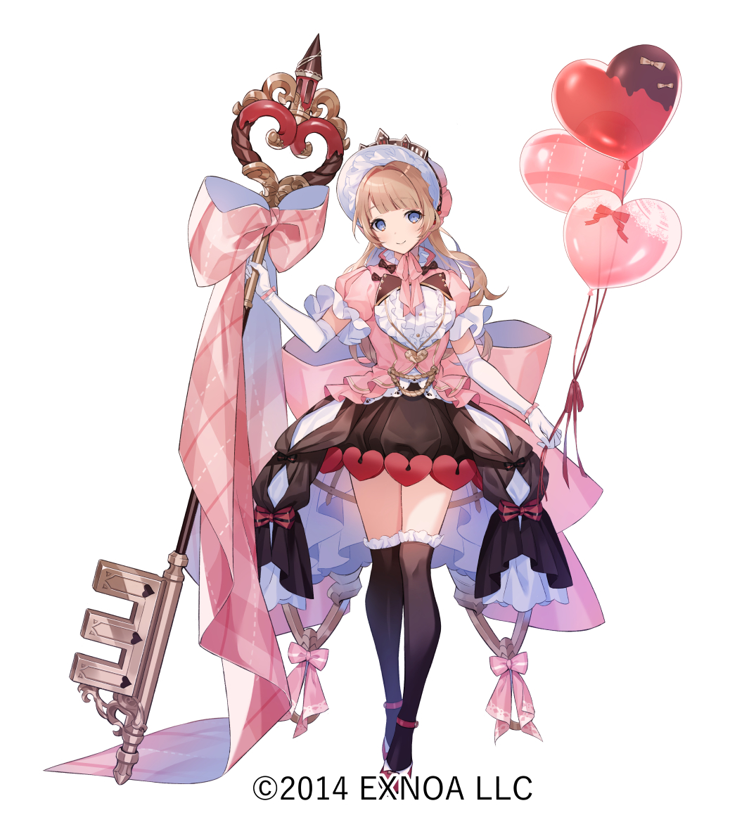 pekoo (pekota), oshiro project:re, character request, commentary request, 1girl, balloon, black skirt, black thighhighs, bow, brown hair, buttons, closed mouth, elbow gloves, frills, gloves, hat, heart balloon, holding, pink bow, pink hat, purple eyes, red shoes, shoes, skirt, smile, solo, thighhighs, white gloves