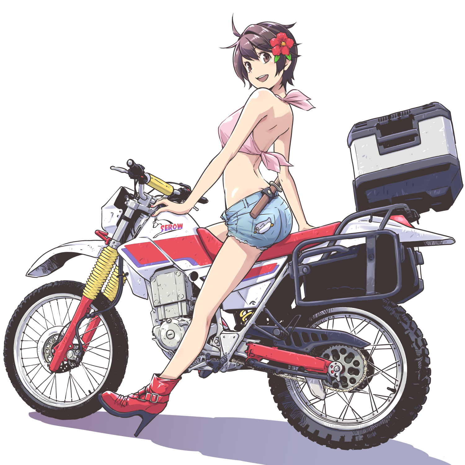 saitou sakae, youko (shuumatsu touring), shuumatsu touring, yamaha, commentary, highres, symbol-only commentary, 1girl, boots, brown hair, cutoff jeans, cutoffs, denim, denim shorts, flower, full body, hair flower, hair ornament, high heels, motor vehicle, motorcycle, on motorcycle, red boots, short hair, shorts, simple background, smile, solo, white background, yamaha serow, yamaha xt225