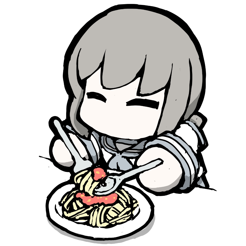 task (s task80), fubuki (kancolle), kantai collection, commentary request, 1girl, blue sailor collar, chibi, chibi only, closed eyes, food, fork, grey hair, low ponytail, no mouth, pasta, ponytail, sailor collar, school uniform, serafuku, solo, spaghetti, spoon