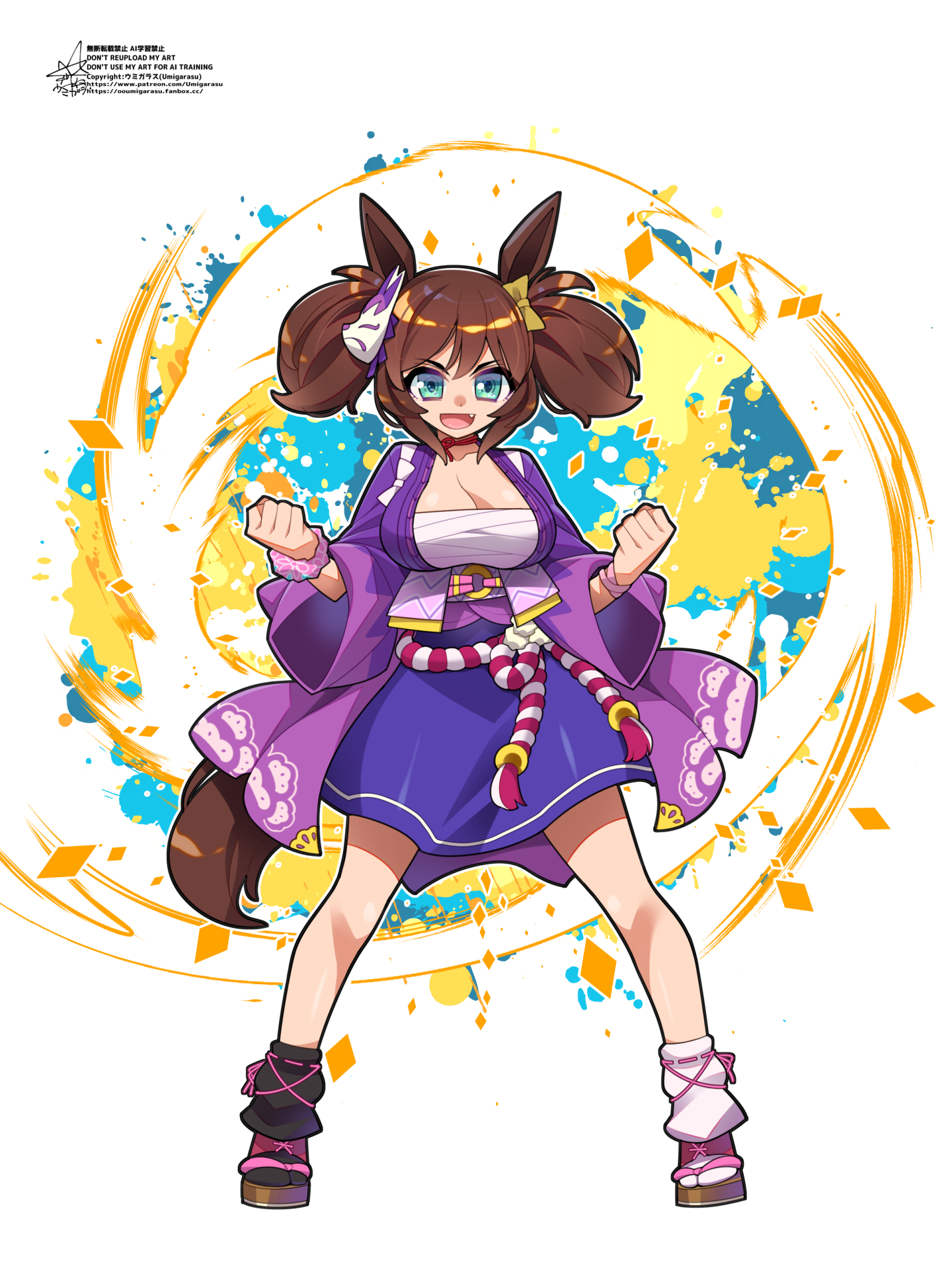 umigarasu (kitsune1963), inari one (inari yukari edomurasaki) (umamusume), inari one (umamusume), umamusume, commentary request, highres, 1girl, animal ears, aqua eyes, asymmetrical footwear, black socks, breasts, brown hair, brown tail, chest sarashi, cleavage, clenched hands, fang, fox mask, full body, horse ears, horse girl, horse tail, japanese clothes, kimono, kouhaku nawa, large breasts, long hair, looking at viewer, mask, mask on head, mismatched footwear, open mouth, purple kimono, rope, sarashi, shimenawa, signature, smile, socks, solo, standing, tail, twintails, white socks