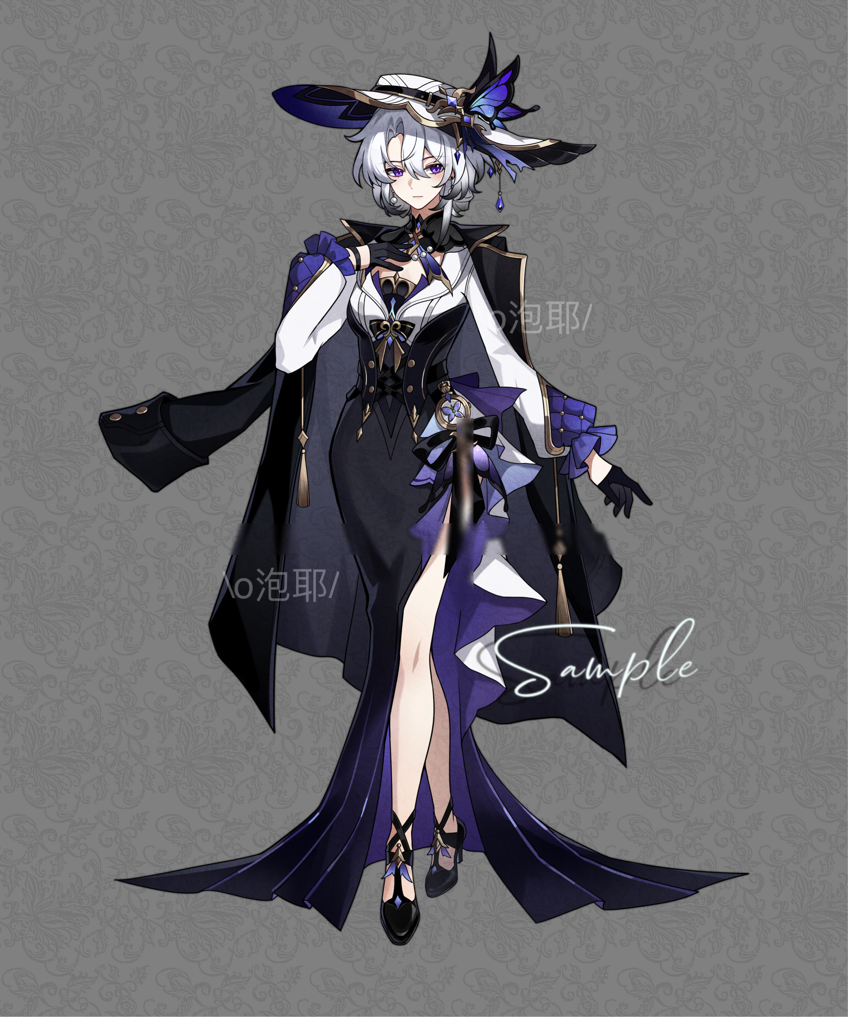 original, absurdres, chinese commentary, commentary request, highres, 1girl, artist name, black dress, black gloves, black hair, breasts, dress, flower, full body, glasses, gloves, gradient hair, grey background, grey hair, half gloves, hand on own chest, hat, hat flower, high heels, jacket, jewelry, long sleeves, looking at viewer, multicolored hair, necklace, opaoye, pearl necklace, purple eyes, short hair, solo, standing, tachi-e, watermark, white hair