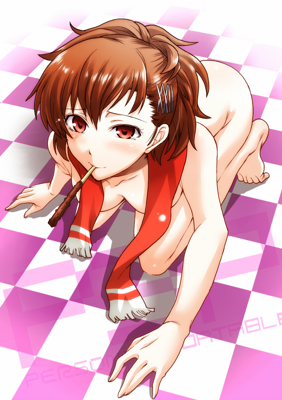 segami daisuke, shiomi kotone, atlus, persona, persona 3, persona 3 portable, 1girl, all fours, barefoot, bent over, blush, brown hair, checkered floor, female focus, floor, food, hair ornament, hairclip, mouth hold, naked scarf, nude, perspective, pocky, red eyes, scarf, solo