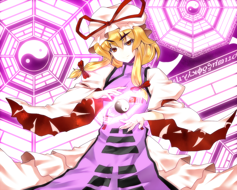 saemon (tonpura), yakumo yukari, touhou, eyebrows, 1girl, alternate hairstyle, arm strap, backlighting, blonde hair, bow, dress, energy, female focus, fingernails, floating, gap (touhou), greek text, hair between eyes, hair bow, hair up, half-closed eyes, hat, hat ribbon, head tilt, levitation, long hair, long sleeves, mob cap, puffy long sleeves, puffy sleeves, red eyes, ribbon, short hair with long locks, smile, solo, tabard, trigram, white dress, wide sleeves, yellow eyes, yin yang