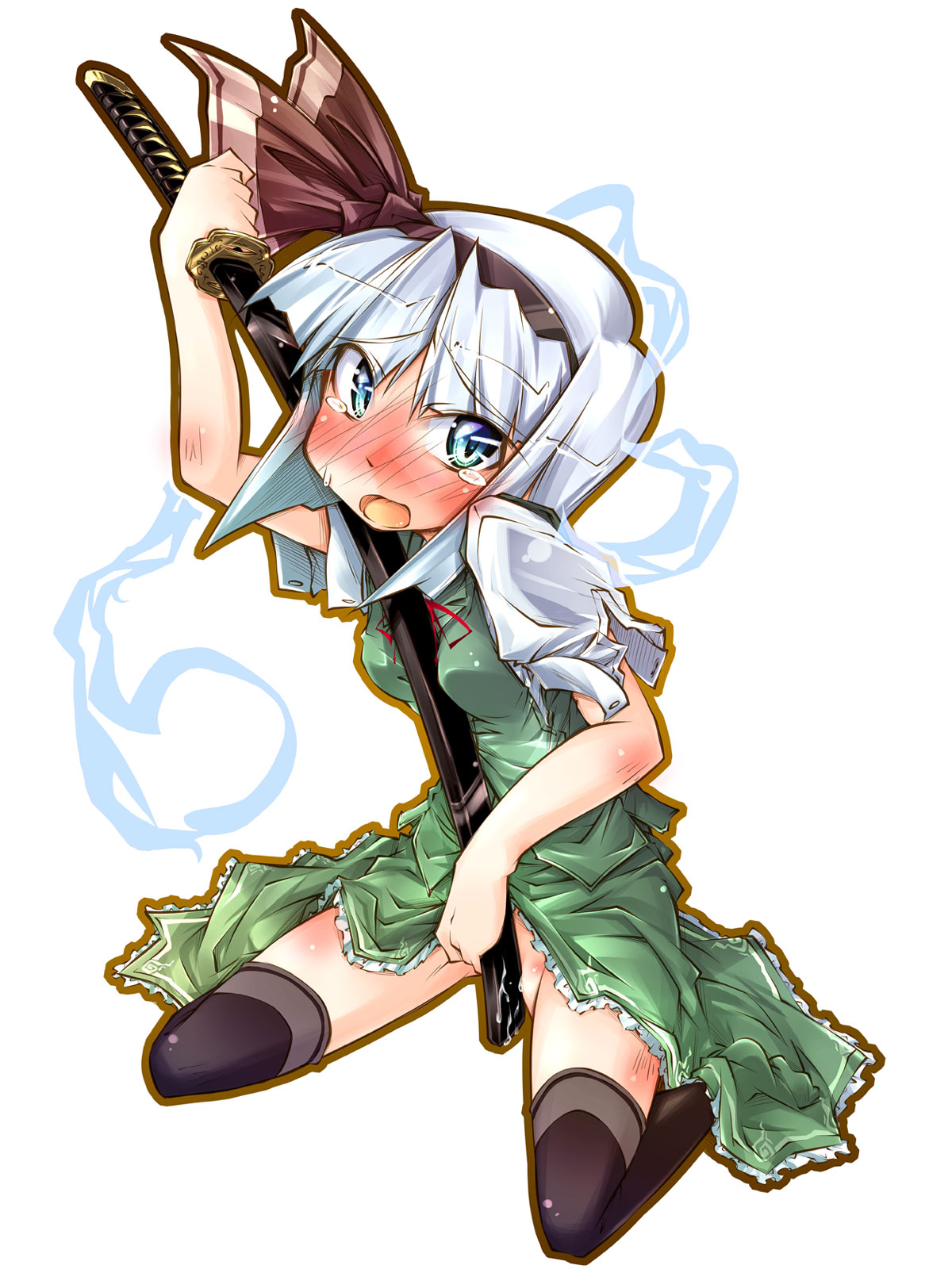 narumiya (narumiya), konpaku youmu, konpaku youmu (ghost), touhou, silver hair, highres, 1girl, between breasts, blue eyes, blush, breasts, female focus, female masturbation, hair ribbon, katana, kneeling, masturbation, no panties, ribbon, sheath, sheathed, short hair, small breasts, solo, sword, tears, thighhighs, weapon
