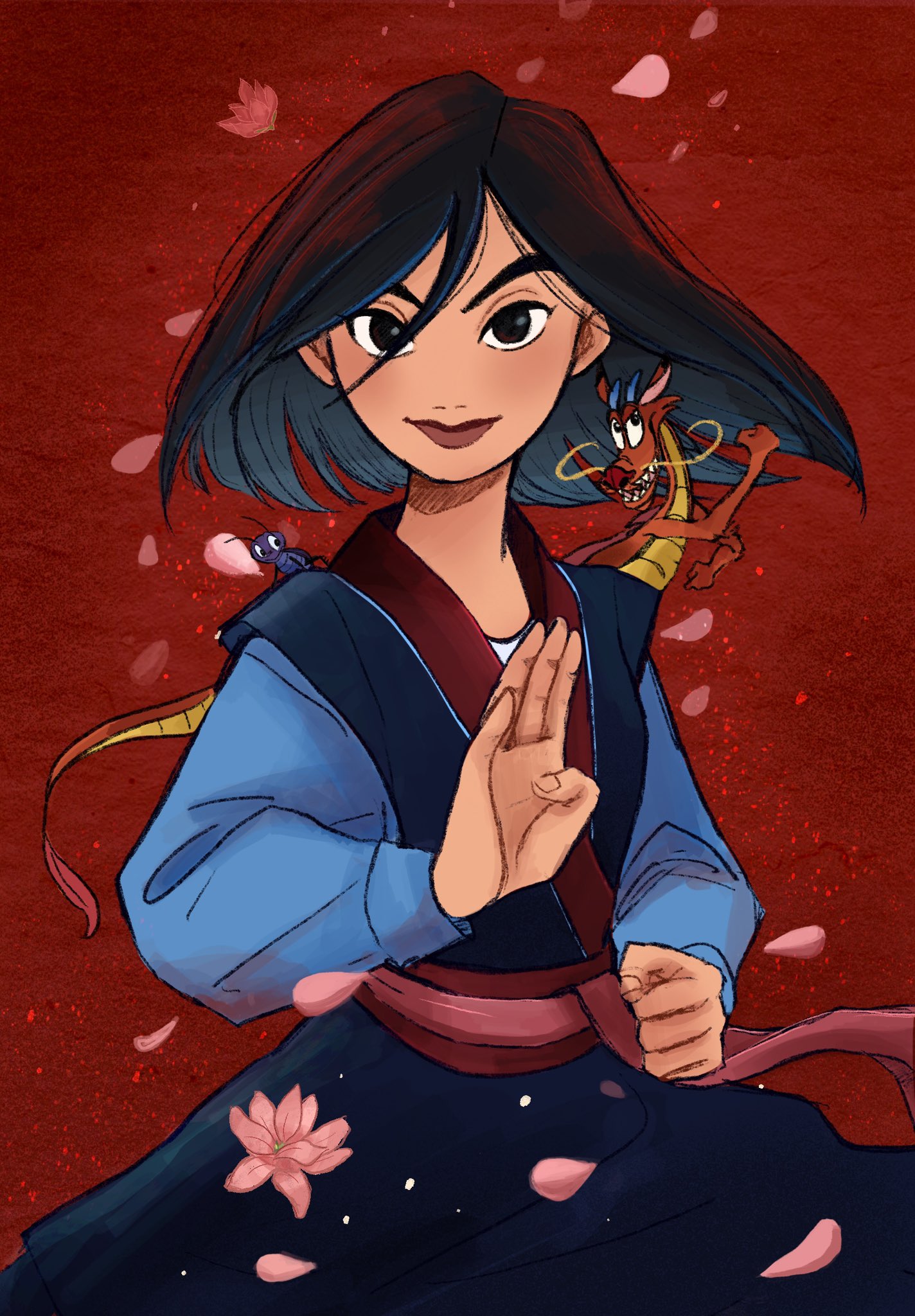 fa mulan (disney), mushu (disney), mulan (movie), commentary request, highres, 1girl, 2boys, animification, asian, black hair, brown eyes, bug, chinese clothes, cri-kee, cricket, dress, hanfu, ikematuikegorou, looking at viewer, makeup, multiple boys, short hair, simple background, smile, solo