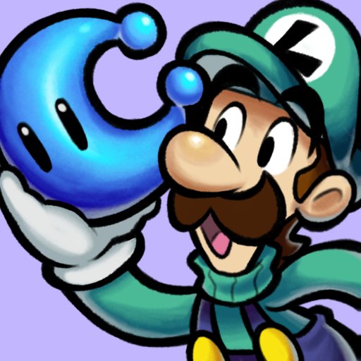 luigi, mario & luigi rpg, mario (series), nintendo, commentary, english commentary, 1boy, alternate color, alternate costume, axelorca, blue overalls, brown hair, facial hair, gloves, green hat, green sweater, hat, mustache, open mouth, overalls, power moon, purple background, short hair, simple background, sweater, turtleneck, turtleneck sweater, upper body, white gloves