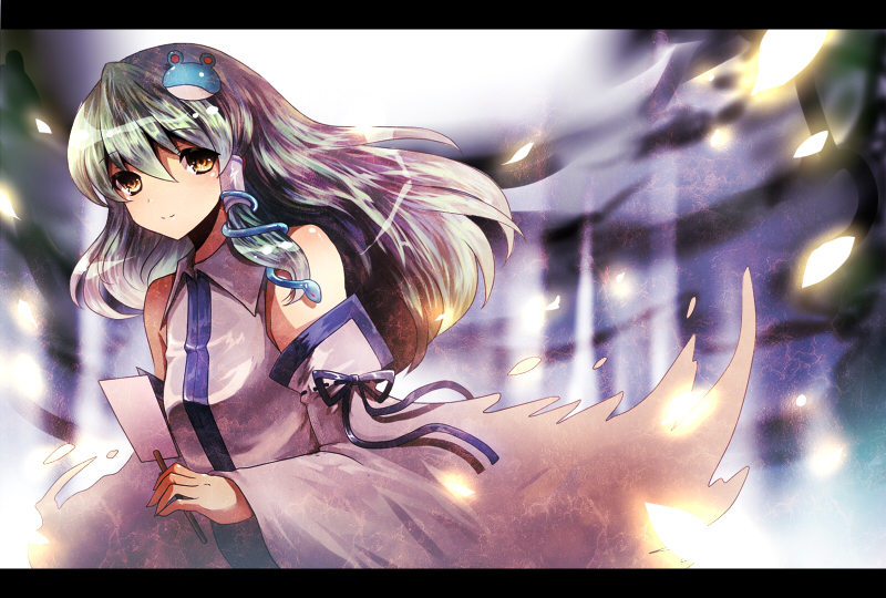 higashi yuzu, kochiya sanae, mountain of faith, touhou, bad id, 1girl, blue eyes, blush, brown eyes, cowboy shot, detached sleeves, female focus, frog, frog hair ornament, glowing, green hair, hair ornament, holding, letterboxed, long hair, long sleeves, snake, solo, stick, yellow eyes
