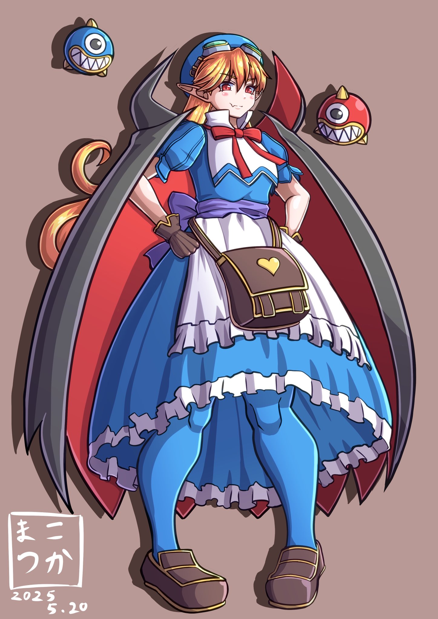 makotsuka, marivel armitage, wild arms, wild arms 2, commentary request, highres, 1girl, apron, bag, blonde hair, blue hat, blue pantyhose, bow, brown bag, cape, closed mouth, curly hair, dated, dress, fang, full body, gloves, goggles, goggles on head, hat, long hair, looking at viewer, pantyhose, pointy ears, red eyes, ribbon, smile, vampire