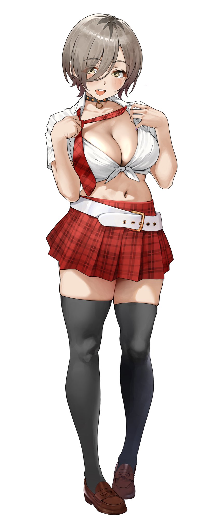 saya endo (27), rupa (girls band cry), girls band cry, commentary request, highres, 1girl, belt, black thighhighs, blush, breasts, brown shoes, full body, grey hair, hair between eyes, loafers, looking at viewer, midriff, mole, mole under eye, navel, open mouth, plaid clothes, plaid skirt, red skirt, shirt, shoes, short hair, simple background, skirt, smile, solo, standing, stomach, thighhighs, thighs, tied shirt, tongue, white background, white belt, white shirt