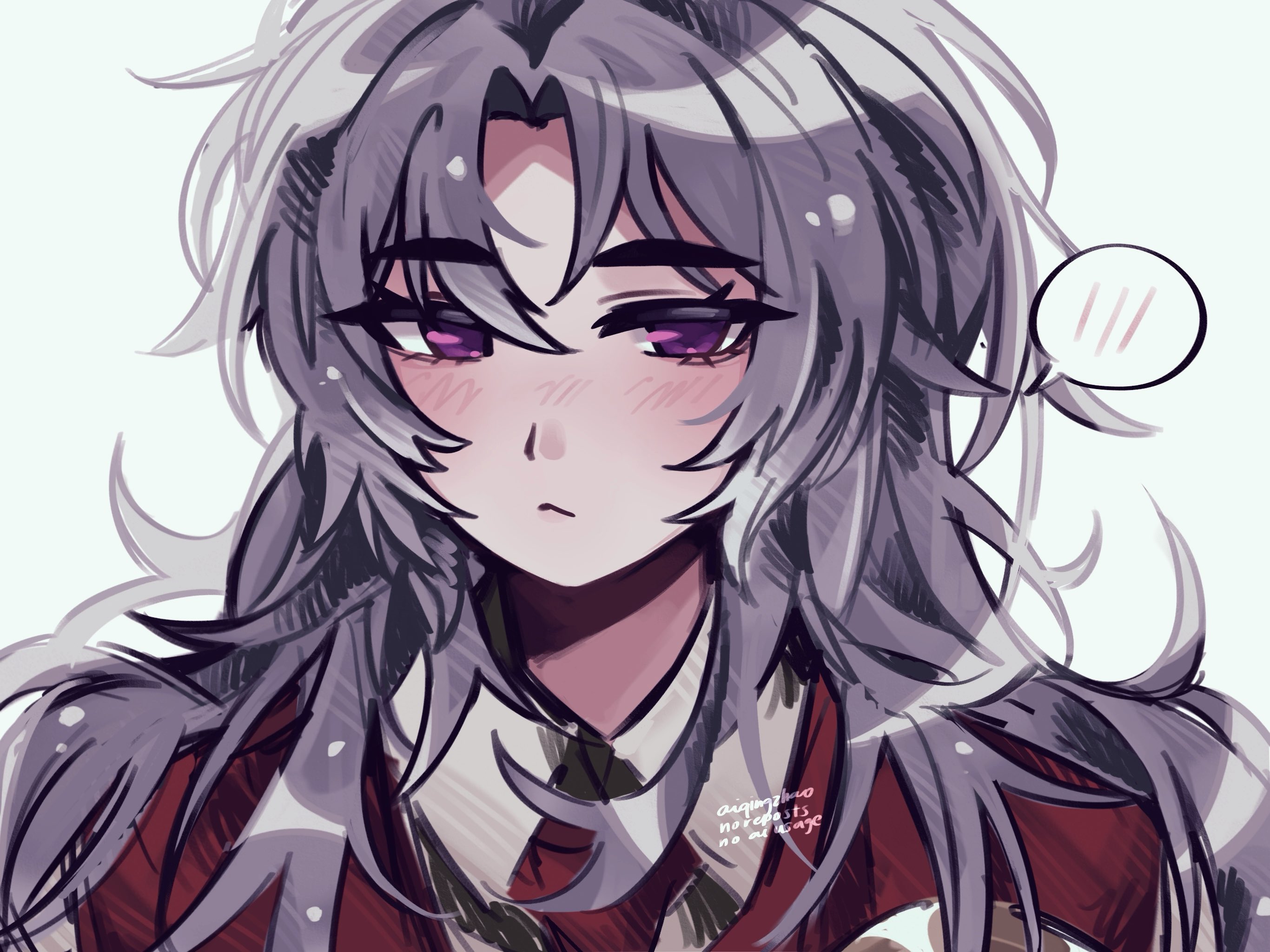 chesedfever, lucio (project moon), limbus company, project moon, commentary, english commentary, highres, 1boy, blush, closed mouth, looking at viewer, male focus, necktie, purple eyes, red necktie, red vest, shirt, simple background, solo, spoken blush, upper body, vest, white background, white hair, white shirt