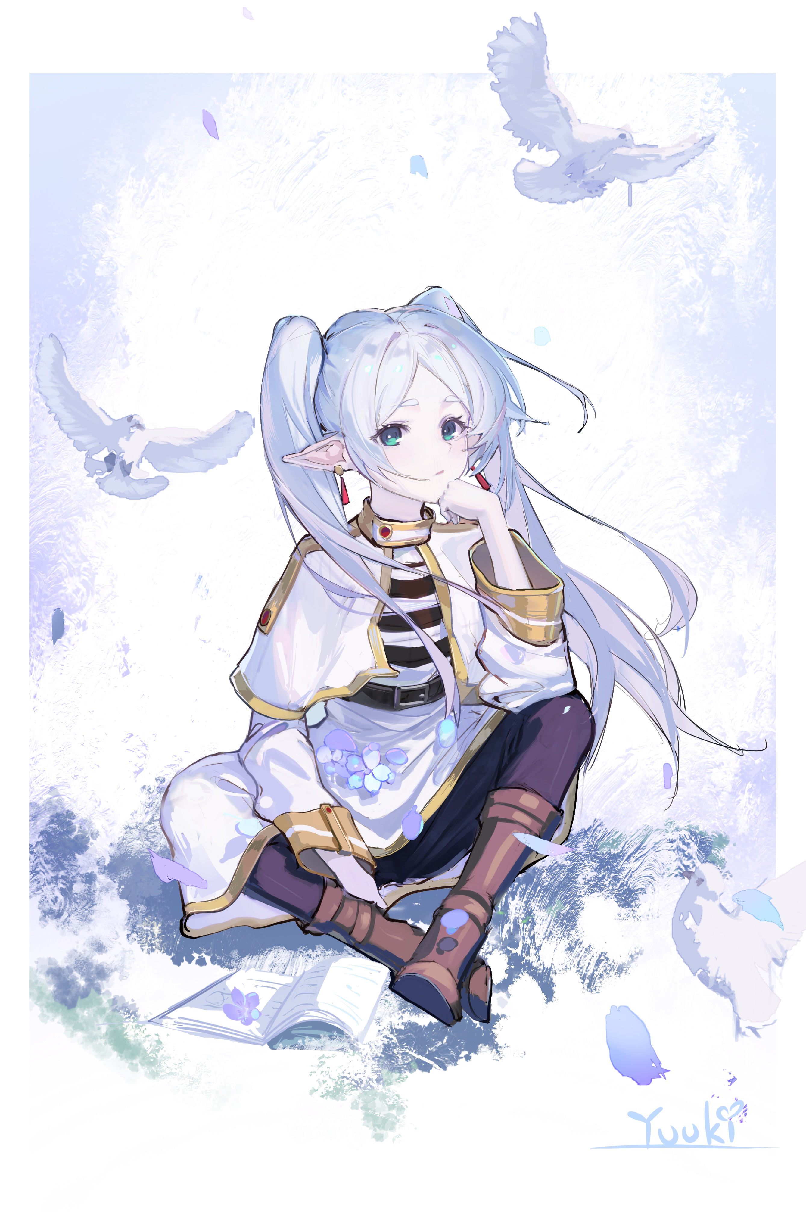 yuuki (yuuki08435994), frieren, sousou no frieren, absurdres, chinese commentary, commentary request, highres, 1girl, belt, bird, black pantyhose, book, boots, border, brown boots, capelet, closed mouth, dress, earrings, elf, full body, green eyes, hand on own chin, jewelry, long hair, long sleeves, looking at viewer, open book, outside border, pantyhose, parted bangs, petals, pigeon, pointy ears, signature, sitting, solo, teardrop earrings, twintails, white border, white capelet, white dress, white hair