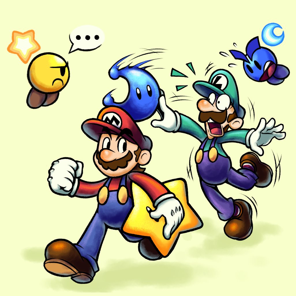luigi, mario, starlow, super star (mario), mario & luigi rpg, mario (series), nintendo, commentary, english commentary, …, 2boys, alternate costume, axelorca, blue overalls, boots, brown boots, brown hair, crescent, facial hair, gloves, green background, green hat, green shirt, hat, lunaris (mario & luigi: stellar bonds), mario & luigi: stellar bonds, multiple boys, mustache, open mouth, overalls, power moon, red hat, red shirt, shirt, short hair, simple background, star (symbol), teeth, upper teeth only, white gloves
