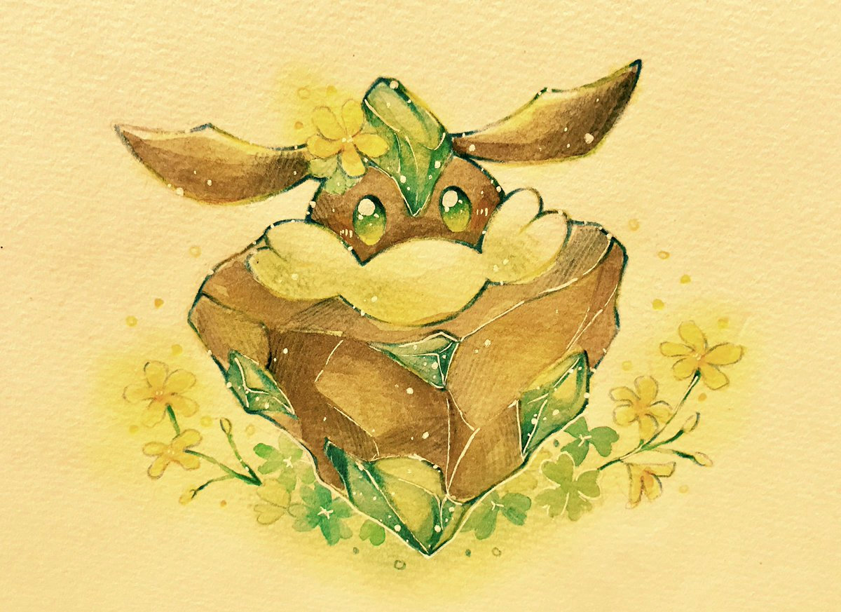 yukichi 0611, carbink, nintendo, pokemon, commentary request, painting (medium), traditional media, watercolor (medium), bright pupils, flower, full body, gen 6 pokemon, green eyes, light particles, no humans, paper texture, pokemon (creature), white background, white pupils, yellow flower