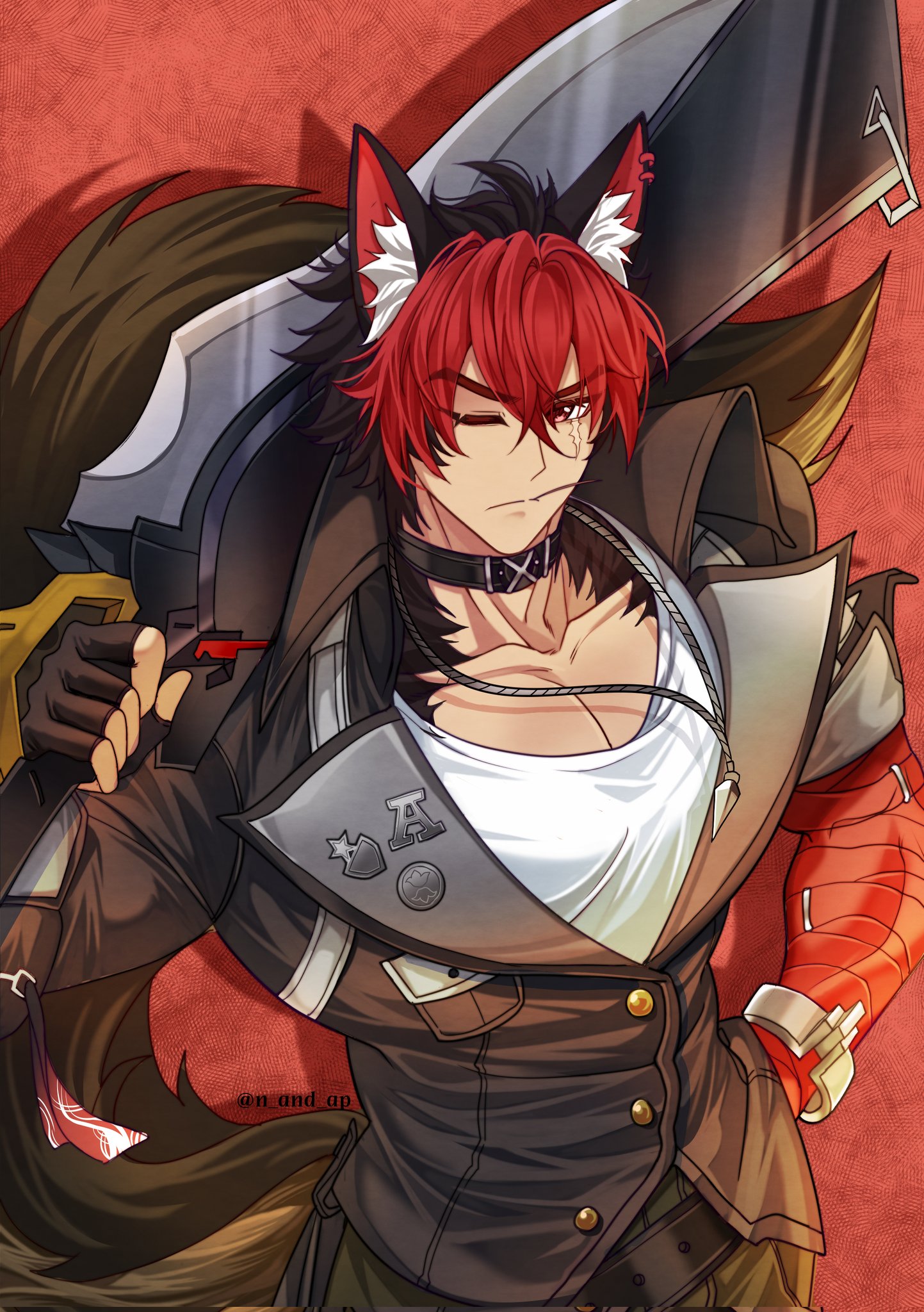 komano manato, zenless zone zero, commentary, highres, 1boy, animal ears, bandaged arm, bandages, black gloves, black hair, dog boy, dog ears, dog tail, fingerless gloves, gloves, holding, holding sword, holding weapon, male focus, multicolored hair, muscular, muscular male, n and ap, over shoulder, pectoral cleavage, pectorals, red bandage, red eyes, red hair, scar, scar on chest, scar on face, sword, sword over shoulder, tail, weapon, weapon over shoulder
